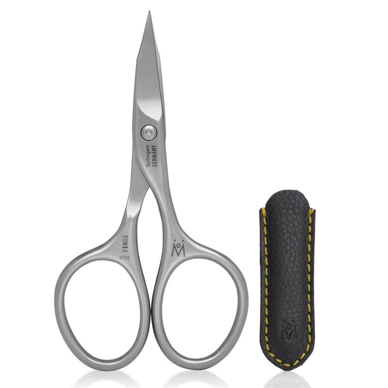 GERMANIKURE Nail and Cuticle Scissors - FINOX Stainless Steel Professional nail scissors for nail tips - nail scissors curved Manicure Tools in Leather Case - Ethically Made in Solingen Germany - 4702 Leather Sleeve
