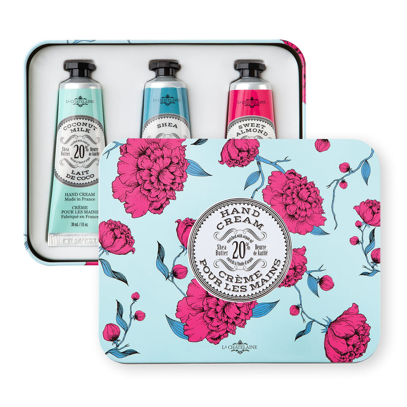 La Chatelaine Hand Cream Aqua Trio Tin Gift Set | Ready-To-Give | Plant-Based | Made in France with 20% Organic Shea Butter | Nourishing & Moisturizing | 3 x 1 fl oz (Shea, Coconut Milk, Sweet Almond) 1 Fl Oz (Pack of 3) - BeesActive Australia
