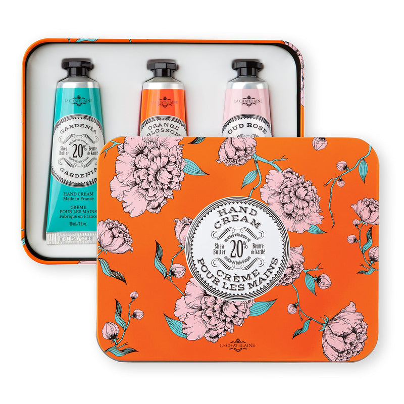 La Chatelaine Hand Cream Trio Tin Gift Set | Ready-To-Gift Tin | Natural | Made in France with 20% Organic Shea Butter | Nourishing and Moisturizing (Gardenia, Orange Blossom, Oud Rose) 3 x 1 fl. oz Orange Trio 1 Fl Oz (Pack of 3) - BeesActive Australia