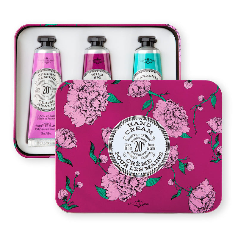 La Chatelaine Hand Cream Trio Tin Gift Set - Egglant | Natural | Made in France with 20% Organic Shea Butter | Nourishing and Moisturizing | 3 x 1 fl. oz (Cherry Almond, Wild Fig, & Gardenia) Eggplant Trio 1 Fl Oz (Pack of 3) - BeesActive Australia