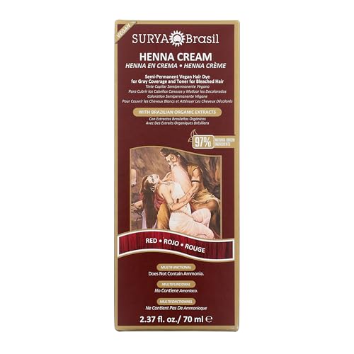 Surya Brasil Henna Cream Red - 97% Natural Ingredients, Vegan, Cruelty-Free, Eco-Friendly, Semi-Permanent Hair Color, Deep Hydration & Shine, 2.37 oz