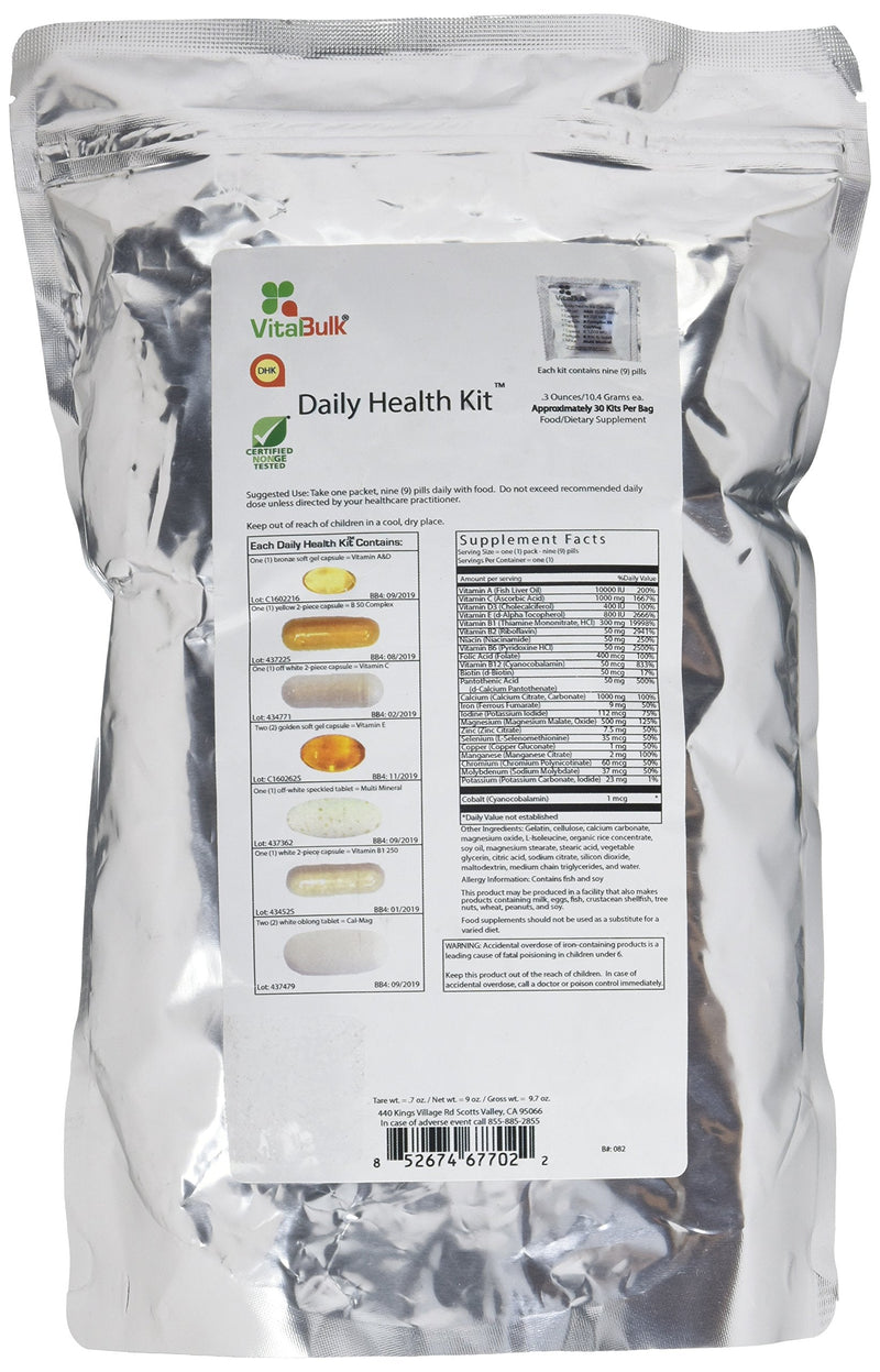 Vital Bulk Daily Health Kit Packet Multivitamins & Mineral 30 Count Box - Multivitamin for Men & Women - Contains Vitamin C 1000mg A D E K B Complex B12 Iron Calcium Magnesium & Potassium Supplement