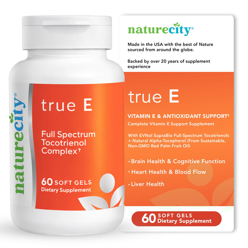 NatureCity True-E Full Spectrum Tocotrienols Vitamin E & Natural Alpha Tocopherol Supplement | Sustainable Vitamin E Tocotrienols from Evnol Suprabio | Non-GMO Vitamin E Complex | 60 Soft gels 1