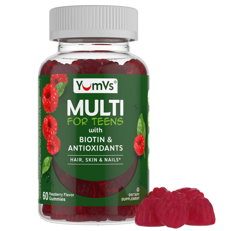 YUM-V'S Teen Multivitamin Gummies with Biotin & Antioxidants – Raspberry Flavor – Hair, Skin & Nails Support – Kosher Gummy Vitamins for Teen Boys & Girls Ages 12–17 – 60 Count 60 Count (Pack of 1)