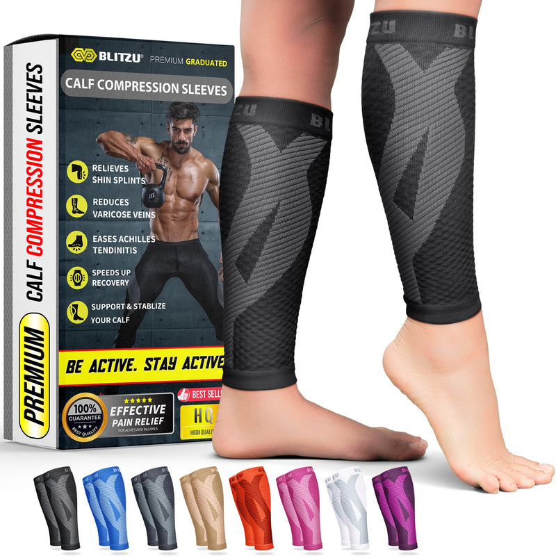 BLITZU Calf Compression Sleeve for Men & Women Footless Compression Socks Support Runners Leg Sleeve Shin Splints Pain Relief Black Small/Medium - BeesActive Australia