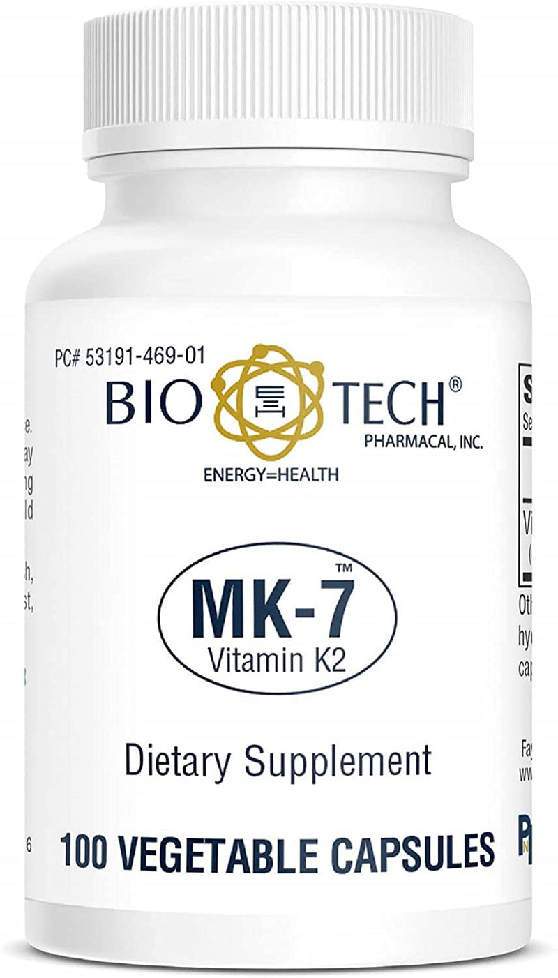Bio-Tech Pharmacal MK-7 (Vitamin K2), 100 Vegetable Capsules – All-Natural Supplement – Supports Cardiovascular & Bone Health – No Dairy, Fish, Gluten, Peanut, Shellfish, GMOs, Kosher, Halal, & Soy –