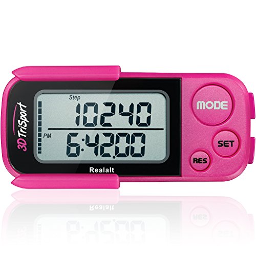 Realalt 3DTriSport 3D Walking Pedometer with Clip & Strap, Accurate Step Counter with 30-Day Memory, Distance in Miles/KM with Large Display Perfect for Seniors & Beginners, eBook Included Magenta