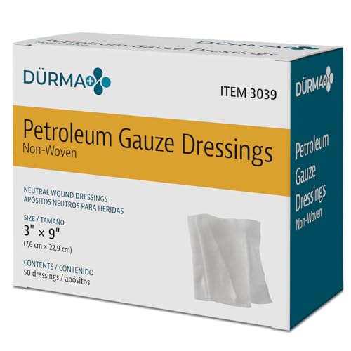 Dynarex Dürma+ Petroleum Gauze Dressings - Sterile Non-Adherent Impregnated Gauze Pads - Maintains Moist Environment and Minimizes Sticking - 3" x 9" - 50 Per Box 50 Count (Pack of 1)