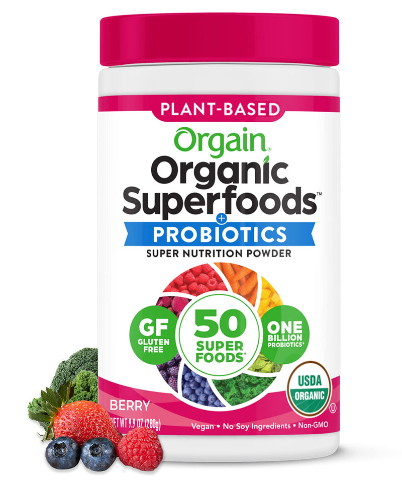 Orgain Organic Greens Powder + 50 Superfoods, Berry - 1 Billion Probiotics for Gut Health, Antioxidants, Vegan, Plant Based, Gluten Free, Non GMO, Dairy Free Juice & Smoothie Mix - 0.62lb - BeesActive Australia