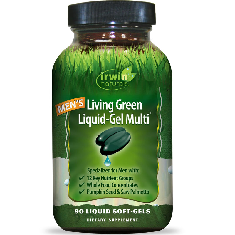 Irwin Naturals Men's Living Green Daily Multivitamin | 90 Liquid Soft-Gels | Daily Men's Nutrition & Healthy Aging | 70 Nutrients + Omega Oils | Energy, Brain & Prostate Support