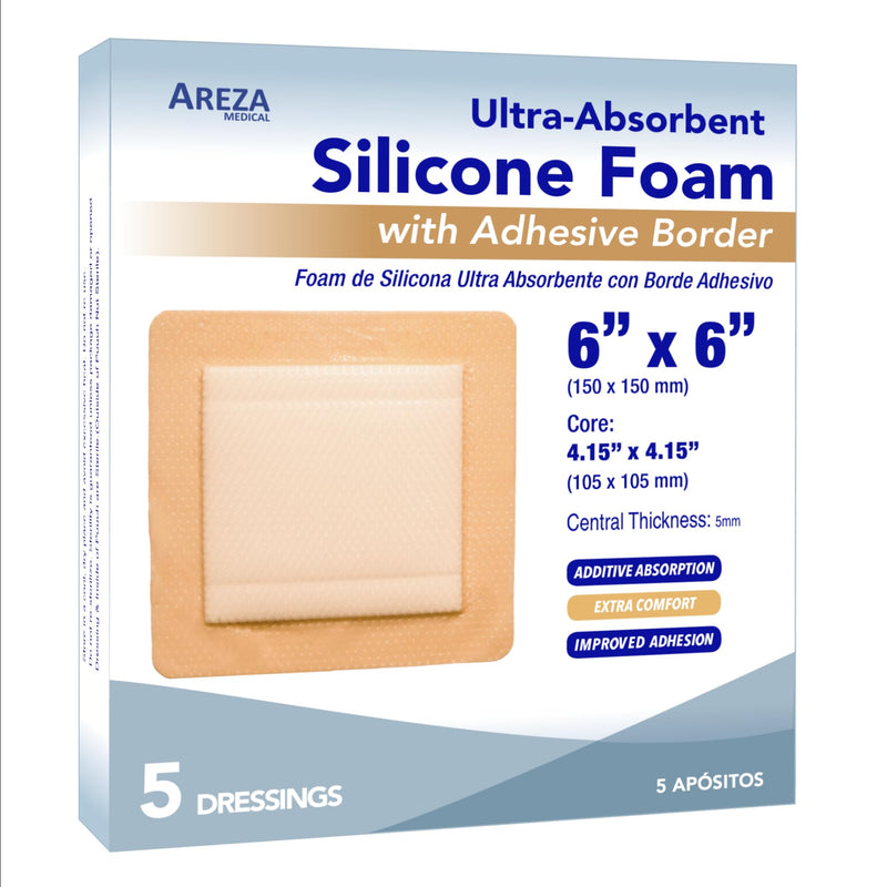 Areza Medical - Silicone Foam with Super-Absorbent Layer - Wound Dressing - Waterproof - with Silicone Adhesive Border - Sterile - 6" x 6" - 5 PCS per Box - BeesActive Australia
