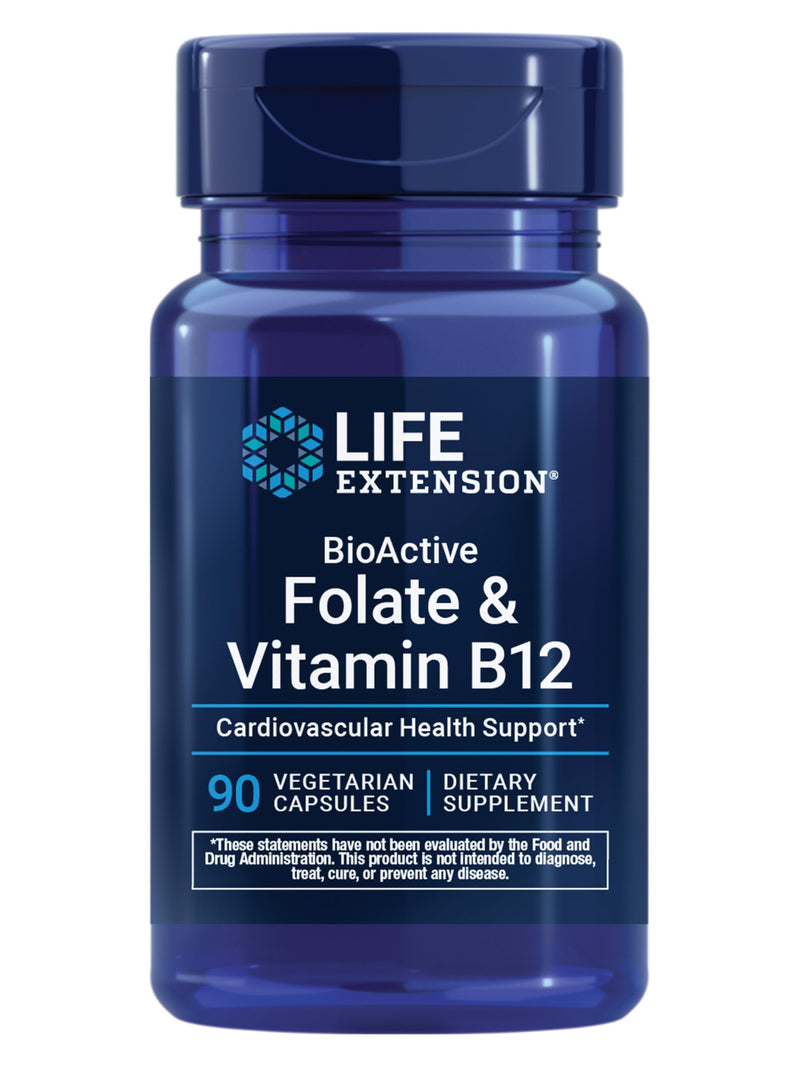 Life Extension BioActive Folate & Vitamin B12, Promotes Heart, Brain & GI Tract Health, Non-GMO, Gluten-Free, Vegetarian, 90 Capsules | BioActive Folate & Vitamin B12 Promotes Heart, Brain & GI Tract Health, Non-GMO, Gluten-Free & Vegetarian
