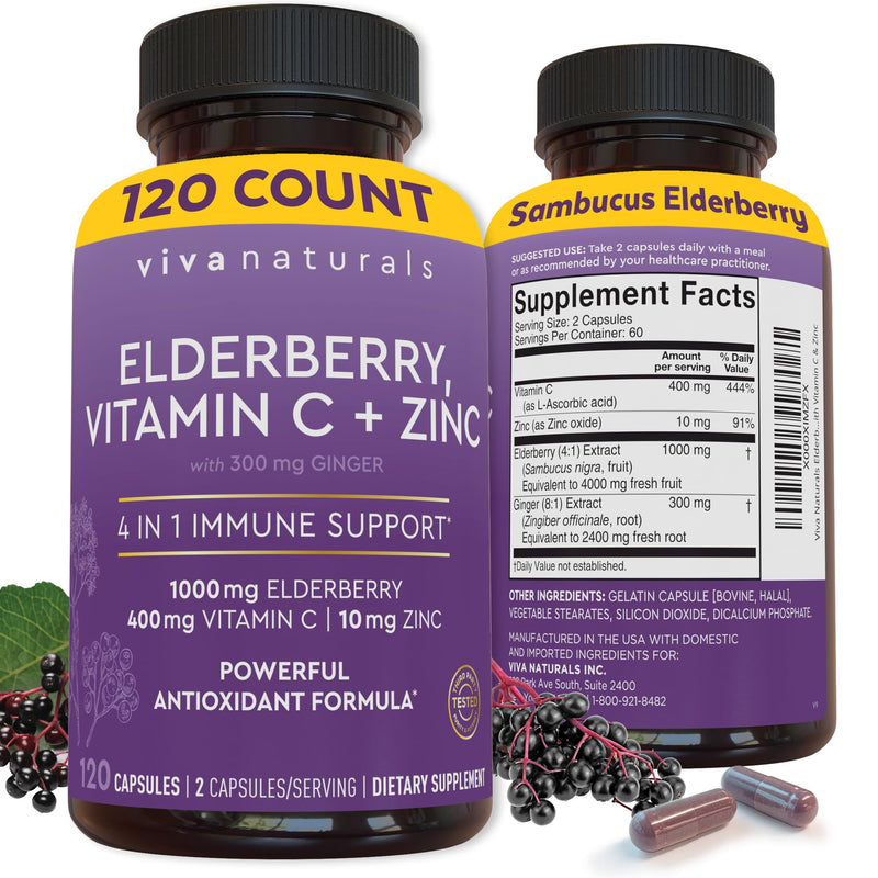 Viva Naturals Elderberry with Vitamin C and Zinc, 120 Capsules - 1000mg Sambucus Elderberry per Serving Immune Support Supplement, Black Elderberry Capsules for Adults, Elderberry Vitamins 120 Count (Pack of 1)
