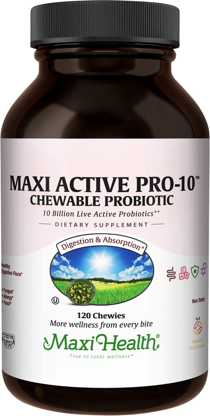 Maxi Health® Probiotics for Kids, 10 Billion CFU (120 Count) | Kosher | 15-Strain Kids Probiotic | Fruit Punch Chewables for Digestive Health | Vegetarian · Non-GMO | Doctor Formulated 120 Count (Pack of 1)