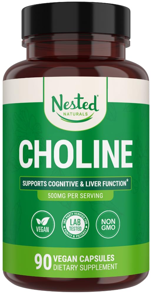 Nested Naturals Choline Bitartrate 500mg - High Potency Choline Supplements - Supports Cognitive Performance & Liver Function - 100% Vegan & Non-GMO Choline - 90 Vegan Capsules 90 Count (Pack of 1) - BeesActive Australia