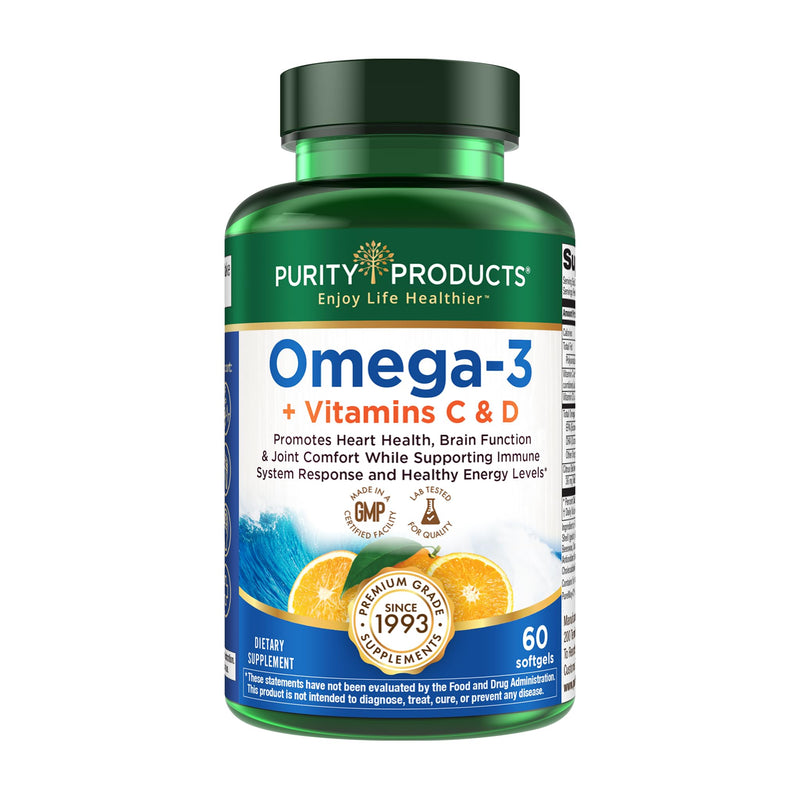 Purity Products - Omega-3 Plus Vitamin C & D, 60 softgels | Supports Skin, Eye, & Hearth Health - Brain & Cognitive Function + Joint Comfort & Flexibility - 60 Softgels