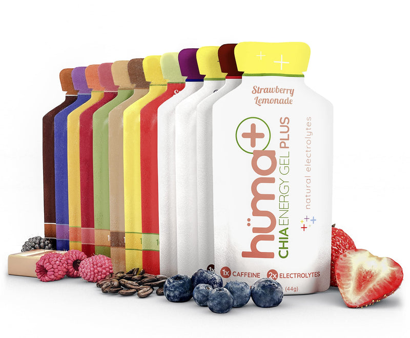 Huma Plus (Double Electrolytes) Chia Energy Gel, Variety Pack - Stomach Friendly, Real Food Energy Gels (8 Original and 4 Plus Gels) 1.55 Ounce (Pack of 12) Variety - Plus & Original - BeesActive Australia