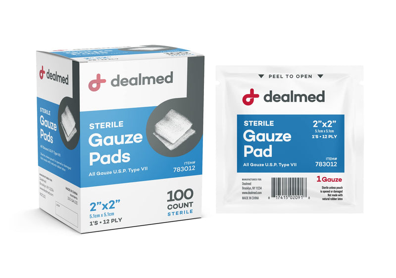 Dealmed Sterile Gauze Pads – 100 Count, 2’’ x 2’’ Disposable and Individually Wrapped Gauze Pads, Wound Care Product for First Aid Kit and Medical Facilities 2x2 Inch (Pack of 100) - BeesActive Australia