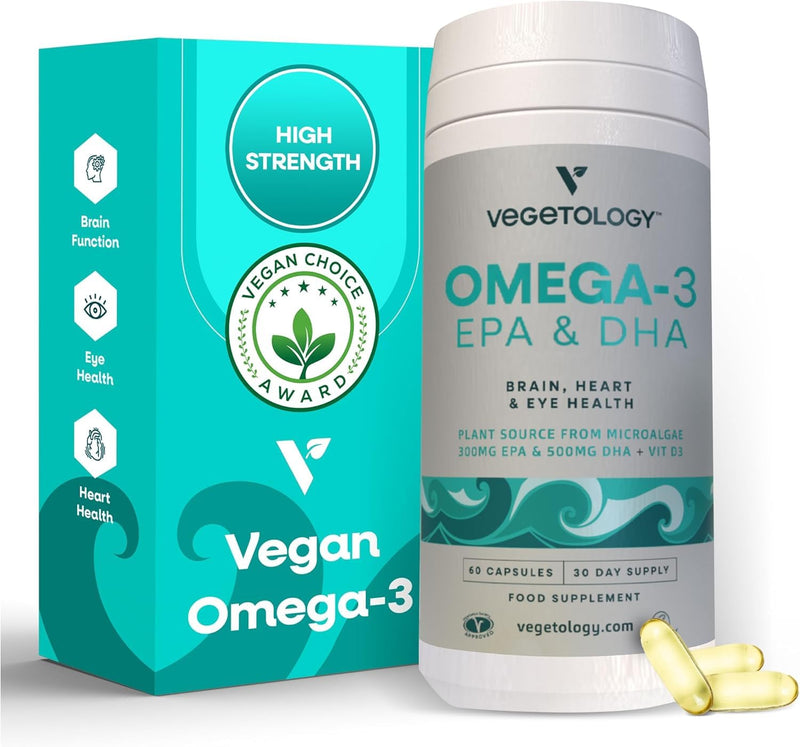 VEGETOLOGY Vegan Omega 3 Supplement (60 Capsules) – Omega-3, EPA, Vitamin D3 & DHA Supplements - Algae Omega 3 Vegan Supplements for Brain, Eye, & Heart Health – Omega 3 for Kids & Adults 60 Count (Pack of 1)