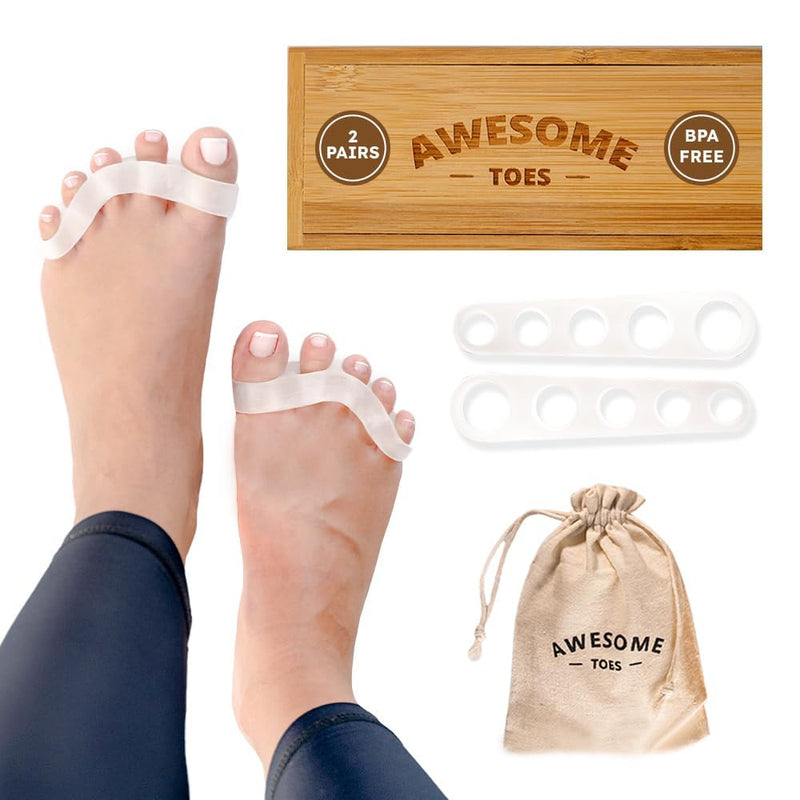 Awesome Toes Spacers & Separators, Fast Pain Relief from Hammertoe & Bunions, Two Pairs in Stylish Wooden Box, Latex-Free Rubber Toe Stretchers Used for Walking, Running & Yoga Practice Small & Medium Kit