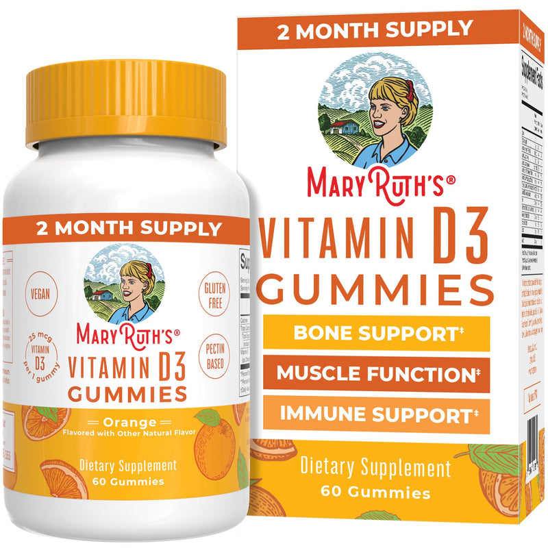MARYRUTH'S Vitamin D3 Gummies, Adults & Kids Vitamin D, 60 Servings, Vegan | 2 Month Supply, Immune Support Supplement, 1000IU for Bone Health & Muscle Function, Vegan, Non-GMO, Gluten Free, 60 Count Non-Organic