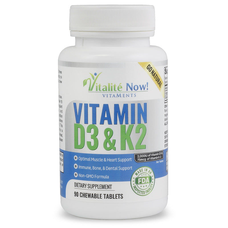 Vitamin D3 2000 IU + K2 - Optimized Absorption in Best Form MK7 | Lung Health, Strong Bones & Healthy Heart - All Natural - Cherry Flavor - 90 Chewable Tablets - 3 Month Supply!
