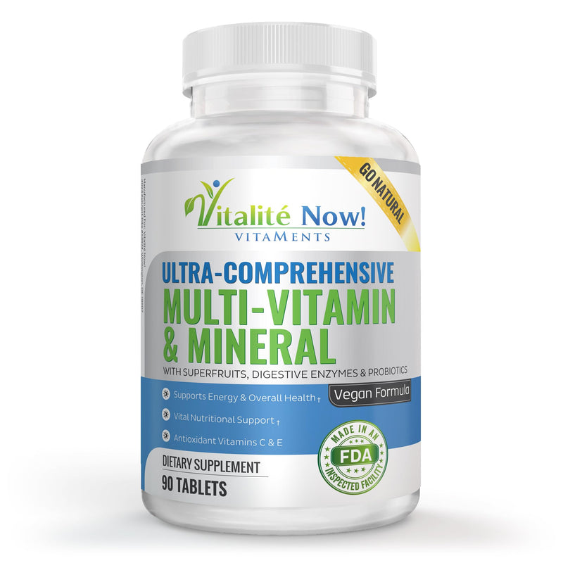 Vegan Whole Food Multivitamin & Mineral - Vitamins A B1 B2 B6 B12 C D3 E | 110 Super Foods, Herbs, Greens & Reds - Enzymes & Probiotics for Immune Support - Energy Boost - 90 Tablets