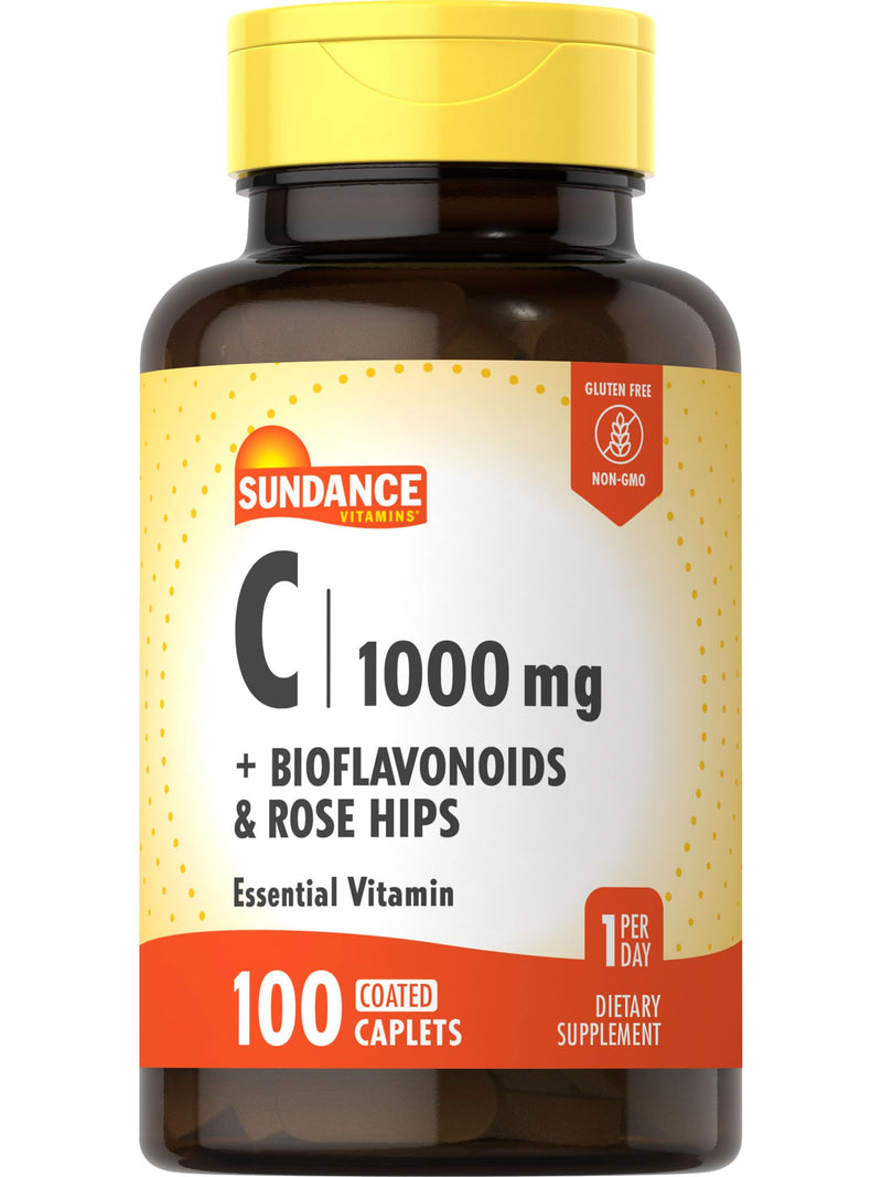 Sundance Vitamin C 1000mg with Rose Hips & Bioflavonoids | 100 Coated Caplets | Vegetarian, Non-GMO and Gluten Free Supplement