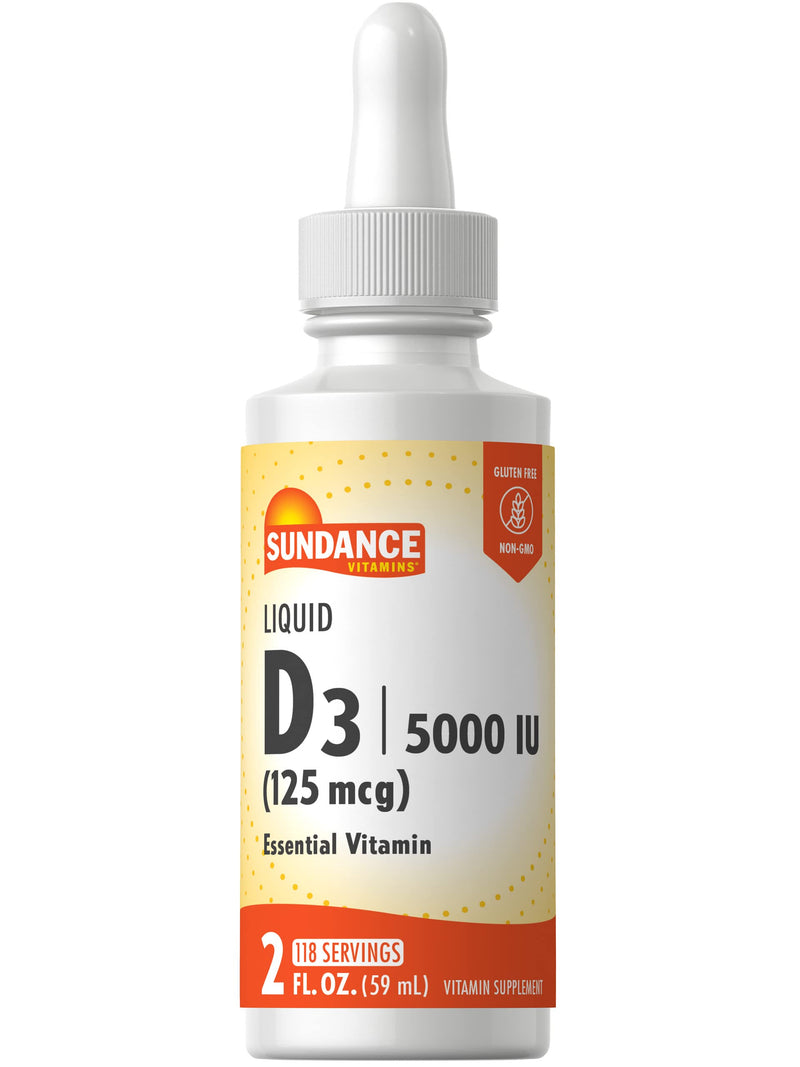 Sundance Liquid Vitamin D3 5000 IU | 2 Fluid Ounces | Essential Vitamin Liquid Drops | Vegetarian, Non-GMO, and Gluten Free Supplement Unflavored 2 Fl Oz (Pack of 1)