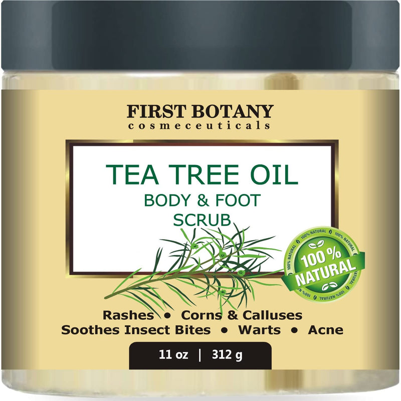 First Botany Cosmeceuticals, 100% Natural Tea Tree Oil Body & Foot Scrub with Salt - Best for Acne, Dandruff and Warts, Helps with Corns, Calluses, Athlete foot, Jock Itch & Body Odor - BeesActive Australia