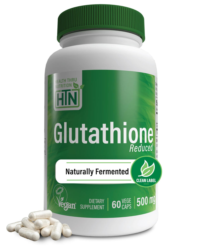 Health Thru Nutrition Glutathione Reduced GSH 500mg 60 Capsules/Servings | Healthy Skin Glow and Brightening, Whitening, Cellular Aging Support, Master Antioxidant, Certified Vegan, Fermented, NonGMO 60 Count (Pack of 1)