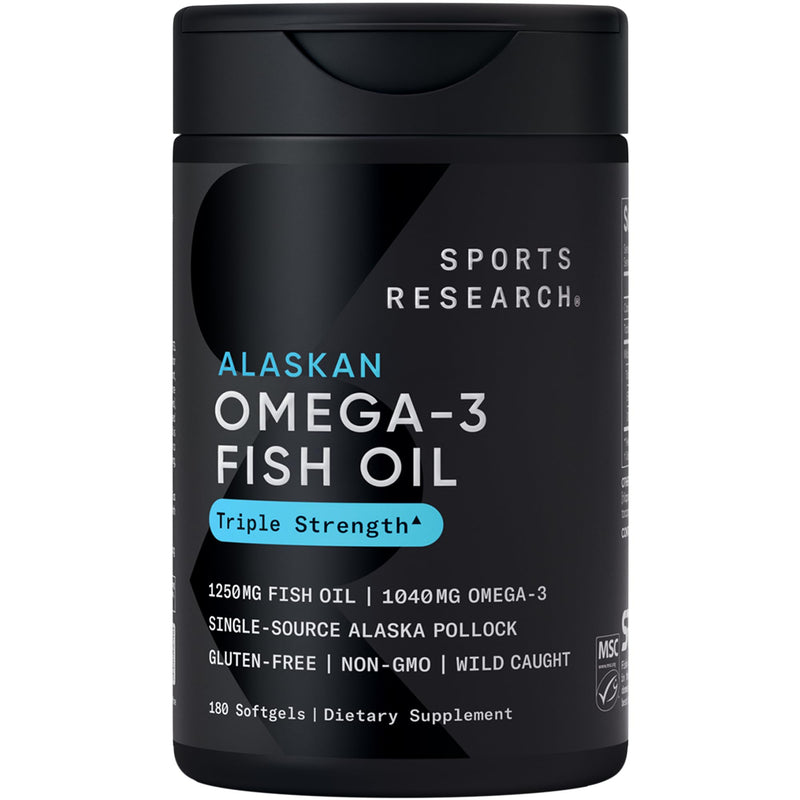 Sports Research® Omega-3 Fish Oil 1250mg from Wild Alaska Pollock,180 Count | Always Fresh Never Fishy | 690mg EPA 260mg DHA per Softgel · Heart & Brain Health* · MSC Certified Sustainable - 180 Servings 180 Count (Pack of 1) From Alaska