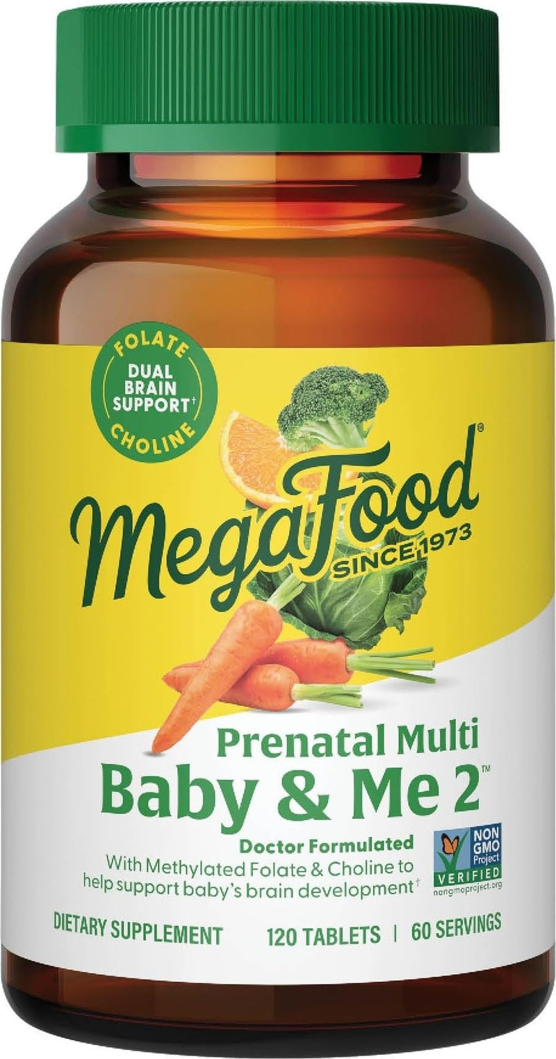 MegaFood Baby & Me 2 Prenatal Vitamins, Doctor Formulated, 120 Tablets | Prenatal Vitamins for Women with Methylfolate, Choline, Iron, Iodine, Vitamin C & D3, Non-GMO, Vegetarian, 60 Servings 120 Count (Pack of 1)