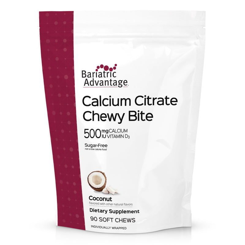 Bariatric Advantage Calcium Citrate Chewy Bites, Coconut Flavor, 90 Ct | 500 mg Calcium Citrate, Highly Absorbable and Digestible, with Vitamin D3, Easily Chewable Calcium Supplement