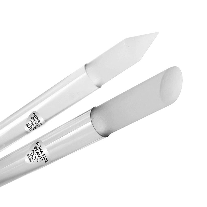 Bona Fide Beauty Glass Cuticle Pusher Set of 2 Manicure Nail Care Tools, 2PC Premium Clear Glass Manicure Sticks Pack of 2
