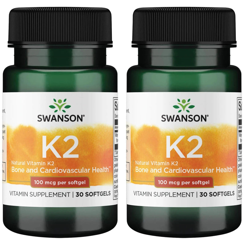 Swanson Vitamin K2 (Menaquinone-7) (30 Softgels,100mcg Each, 2 Pack) | Vitamin Supplement Supporting Cardiovascular and Bone Health, Made from Japanese Natto to Help Regulate Calcium 30 Count (Pack of 2)