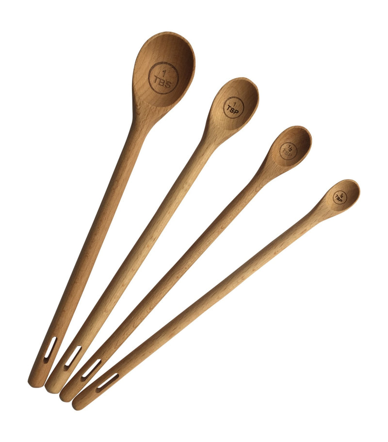 Long Handle Wooden Measuring Spoons by utensi, Set of 4 Engraved Accurate Spoons for Dry and Liquid Ingredients, Beech Wood Set (9-inch handles) - BeesActive Australia