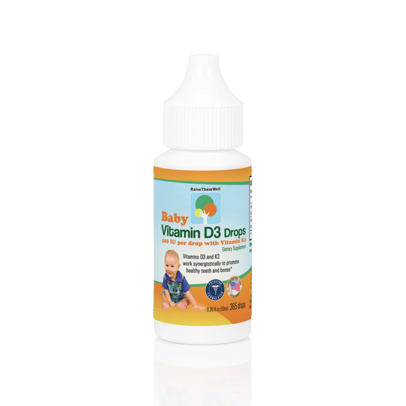 Raise Them Well- Vitamin D and K Drops for Bone and Teeth Health, 365 Servings, 0.36 fl/oz | D3 and plant-based K2 MK-7 support calcium absorption, bones and healthy teeth | Flavorless formula designed for little ones