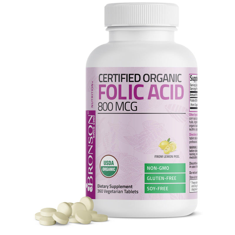 Bronson Folic Acid 800 mcg, USDA Certified Organic, 360 Tablets | From Whole Lemon Peel Extract, Prenatal Development Support, Vegetarian, Non-GMO, Gluten-Free & Soy-Free Unflavored 360 Count (Pack of 1)
