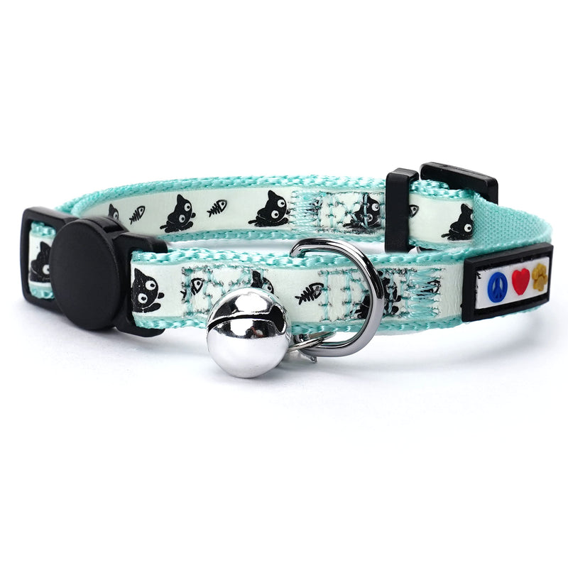 Pawtitas Glow in The Dark Cat Collar with Safety Buckle and Removable Bell Cat Collar Kitten Collar Teal Cat Collar 🌟 GID Teal Cartoon - BeesActive Australia