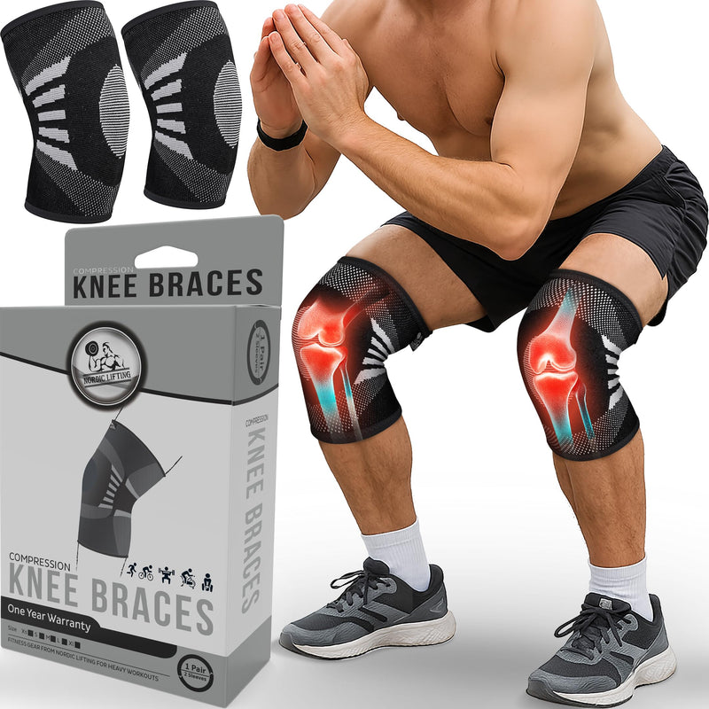 Nordic Lifting Knee Support Brace Compression Sleeves (1 Pair) - Support for Men Women Arthritis Relief & Injury Prevention Medium Grey - BeesActive Australia
