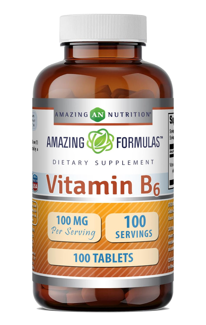 Amazing Formulas Vitamin B6 (Pyridoxine HCI) Supplement | 100 Mg | Tablets | Non-GMO | Gluten-Free | Made in USA (1 Pack | 100 Count) Unflavored