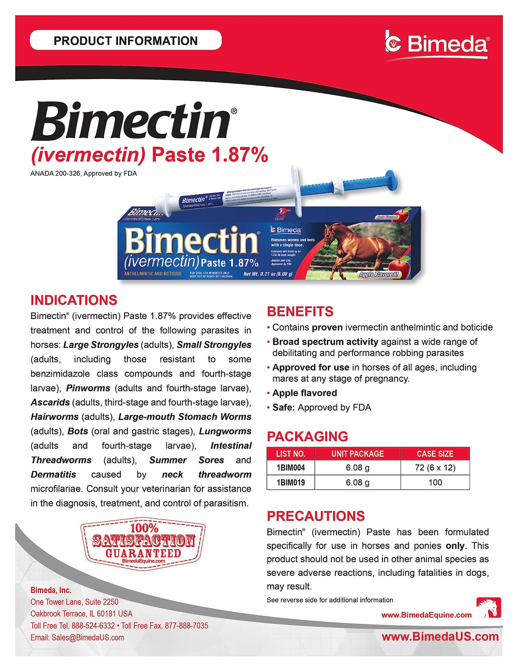 BIMECTIN IVERMECTIN 1.87% Paste WORMER PARASITES Apple Horse OTC (1 Tube)