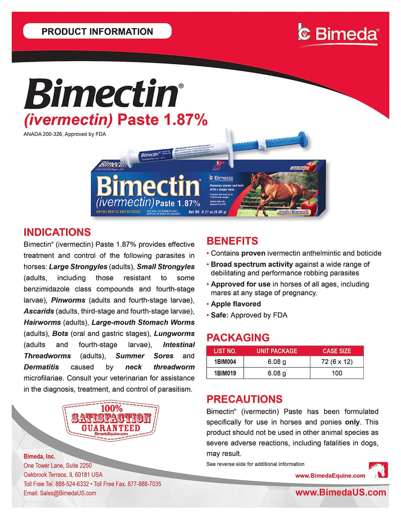 BIMECTIN IVERMECTIN 1.87% Paste WORMER PARASITES Apple Horse OTC (1 Tube)