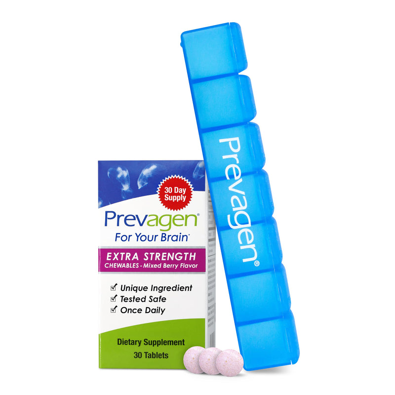 Prevagen Extra Strength Mixed Berry Chews, 7-Day Pill Minder, 1-Pack | For Your Brain, 1 Month Supply, 20mg Apoaequorin, 50mcg Vitamin D3, 30 Tablets per Bottle 30 Count (Pack of 1)