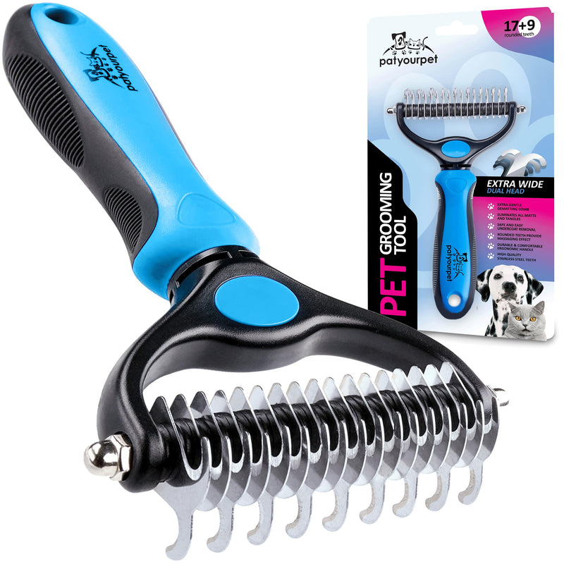 Pat Your Pet Deshedding Brush - Double-Sided Undercoat Rake for Dogs & Cats - Shedding Comb and Dematting Tool for Grooming, Extra Wide Blue - BeesActive Australia