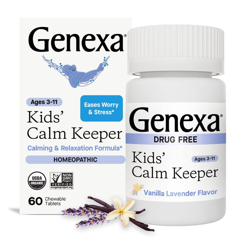 Genexa Kid‚Äôs Calm Keeper | Stress Relief for Children | Eases Worries & Tensions| Natural Vanilla & Lavender Flavor | Certified Vegan, Gluten Free, & Non-GMO | 60 Chewable Tablets for Ages 3-11 60 Count (Pack of 1)