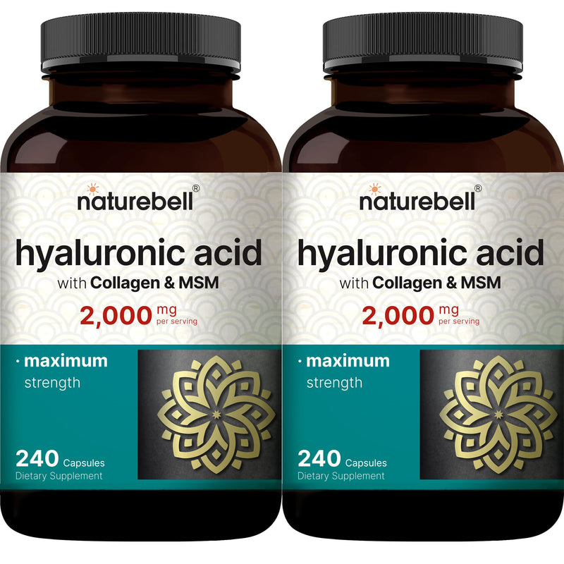 NatureBell 2 Pack Hyaluronic Acid Supplements 2,000 mg | 480 Total Capsules, with MSM & Hydrolyzed Bovine Collagen – 3 in 1 Support for Skin Hydration, Joint Lubrication, Hair, and Eye Health 240 Count (Pack of 2)