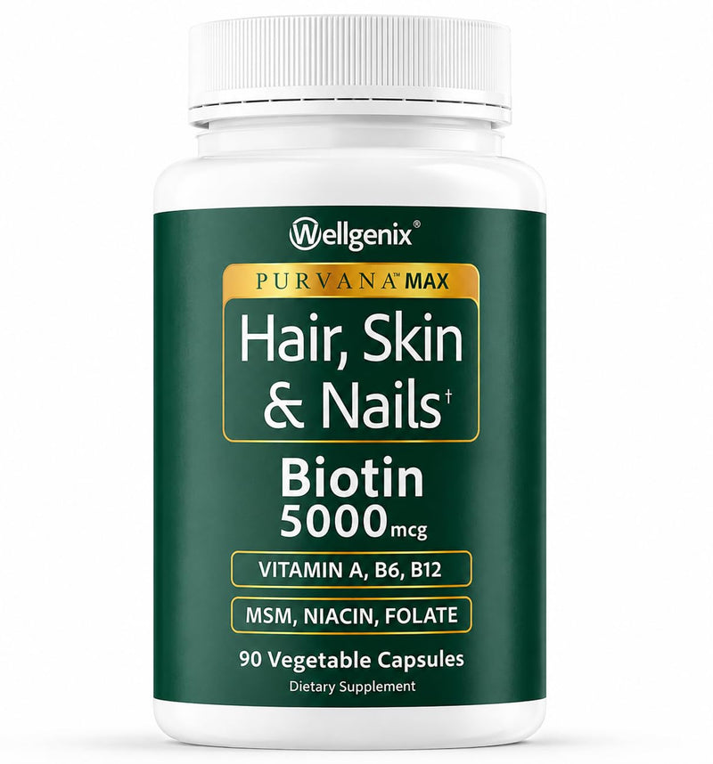 Wellgenix Purvana MAX Hair Skin & Nails Vitamins, Biotin 5000mcg, 90 Count | Biotin, MSM & hyaluronic acid in vegetable capsules for thicker, fuller hair, stronger nails & a clearer, radiant complexion 90 Count (Pack of 1)