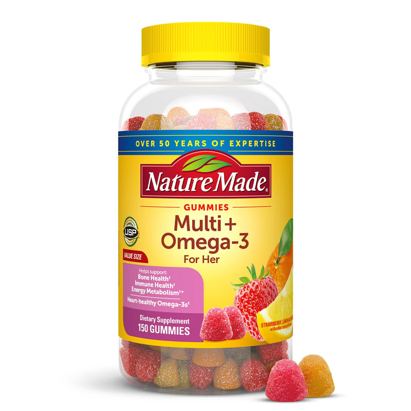 Nature Made Womens Gummy Multivitamins with Omega-3, Multivitamin for Women for Daily Nutritional Support, 150 Gummies, 75 Day Supply Strawberry Lemon & Orange 150 Count (Pack of 1)